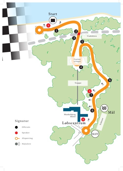 Banen på Munkebjerg Hill Climb er 1,6 kilometer lang med en række krævende sving. Man ser bedst de klassiske biler køre stærkt ved punkterne 1, 4 og 7.